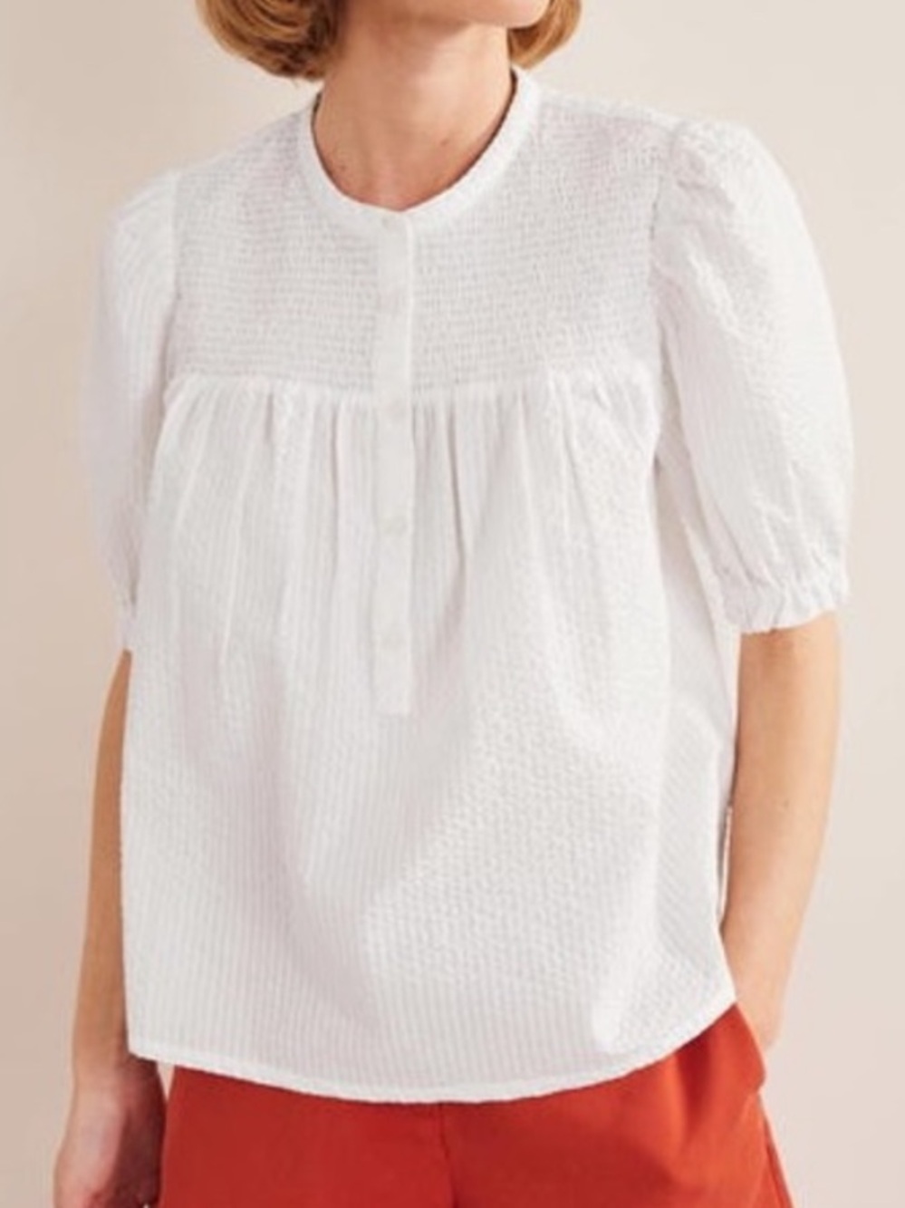 Boden Ada Puff Sleeve Seersucker White Blouse Smocked Button Front Shirt Sz 16